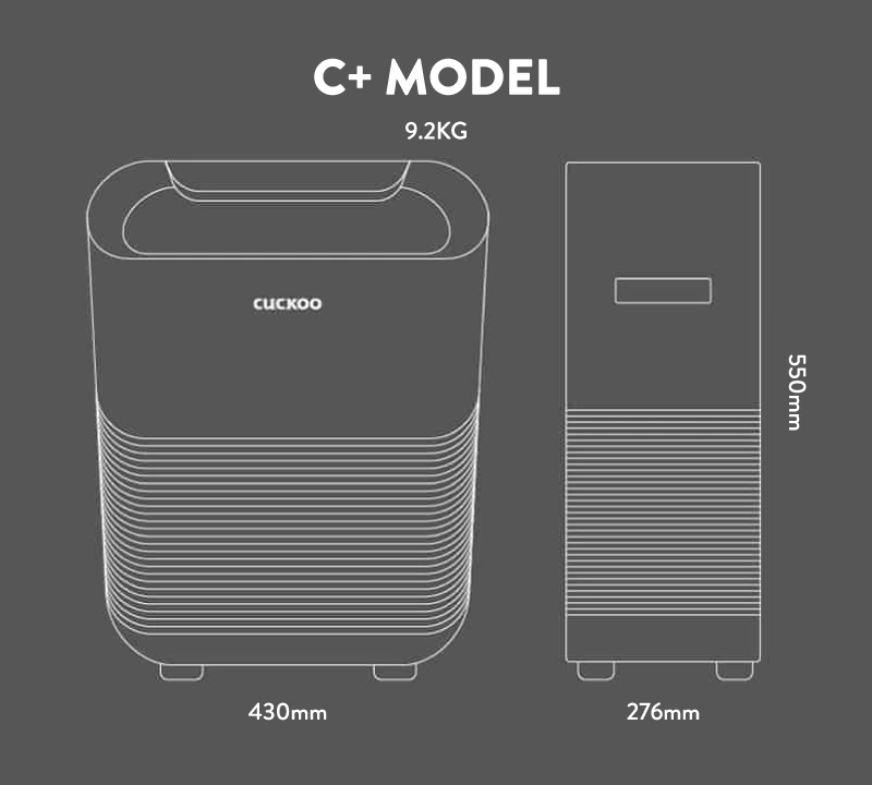 CUCKOO C+ Model specifications and dimensions — 430mm x 276mm x 550mm, 9.2kg