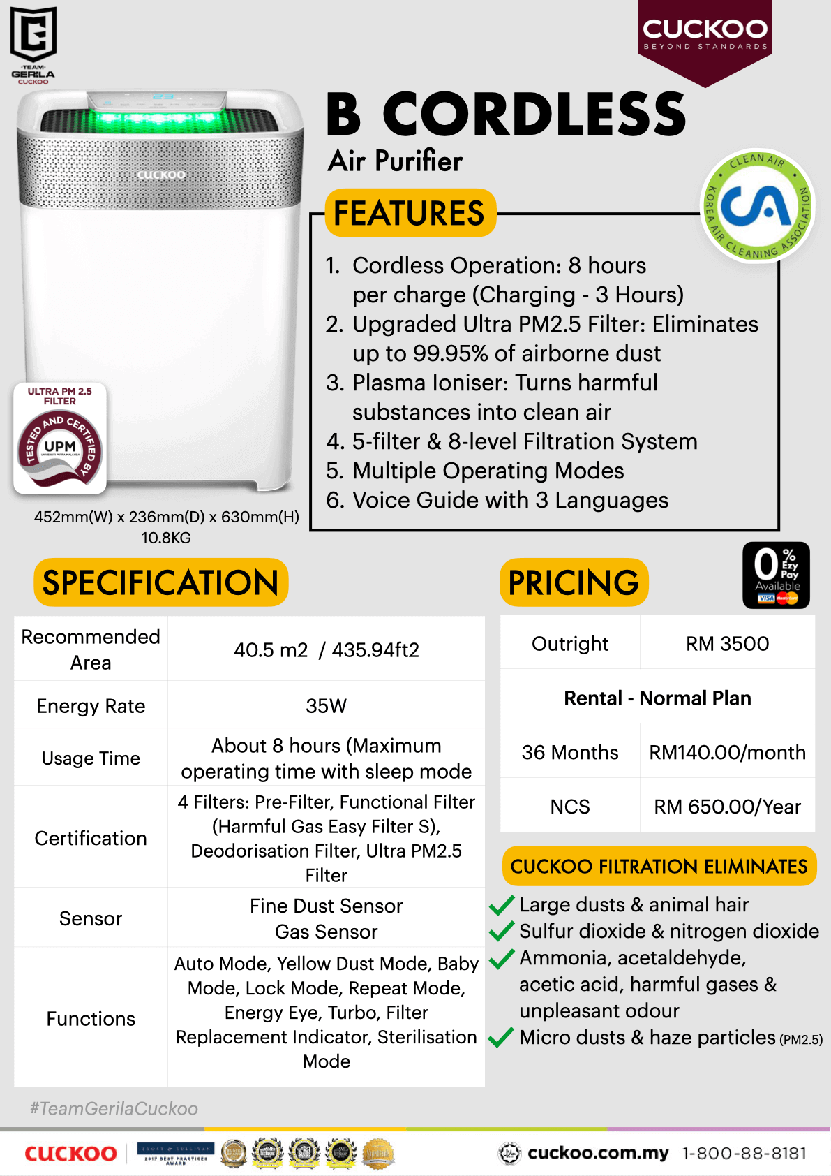 CUCKOO B MODEL CORDLESS AIR PURIFIER PENAPIS UDARA