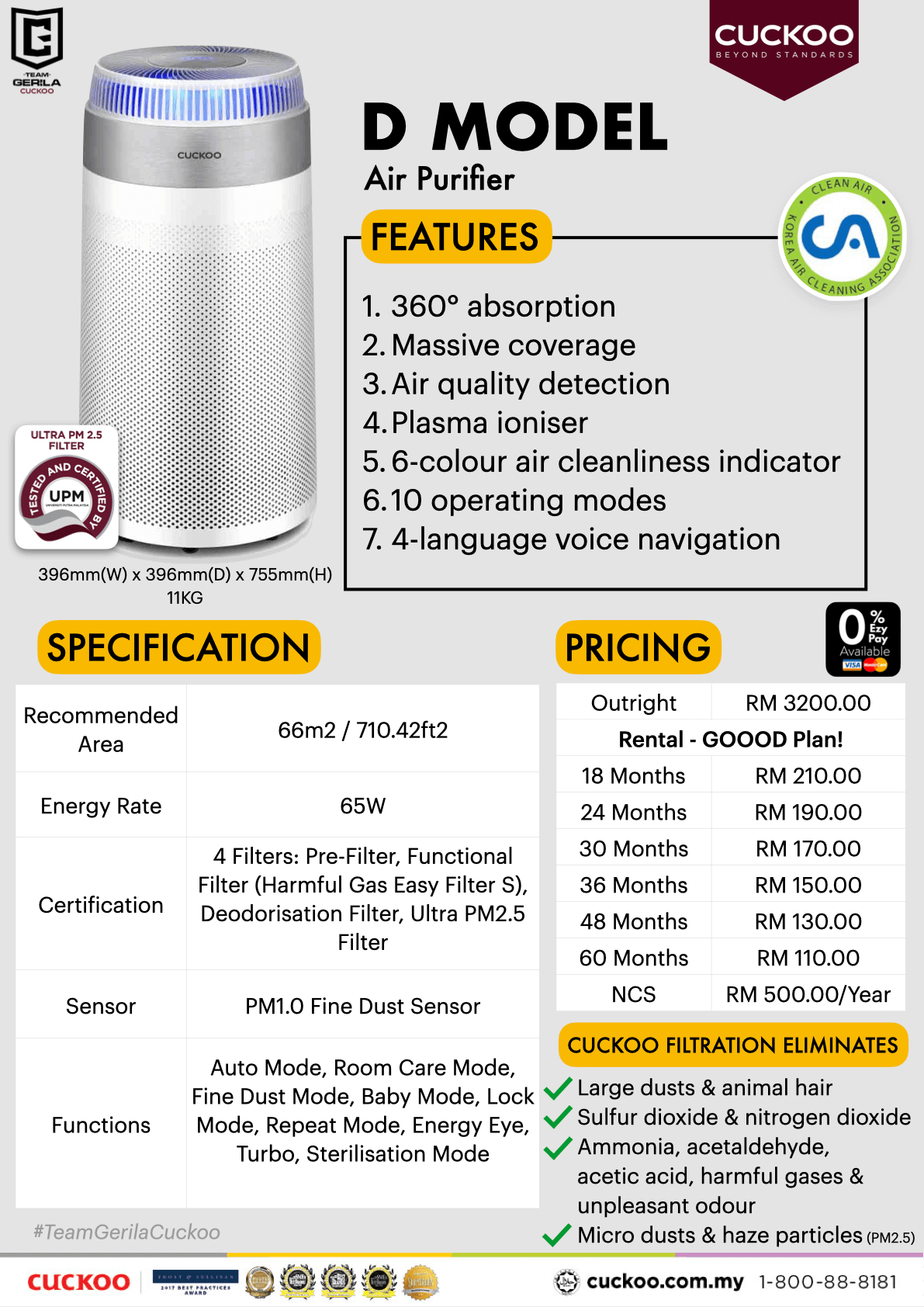 CUCKOO D MODEL AIR PURIFIER PENAPIS UDARA