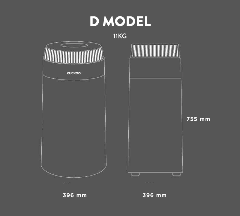 CUCKOO D Model specifications and dimensions — 396mm x 396mm x 755mm, 11kg