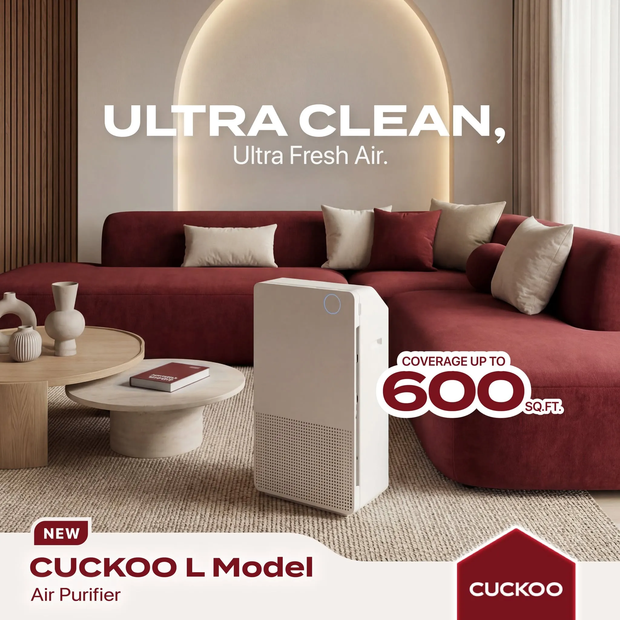 CUCKOO L Model air purifier placed in a medium living room with 600 sq ft coverage