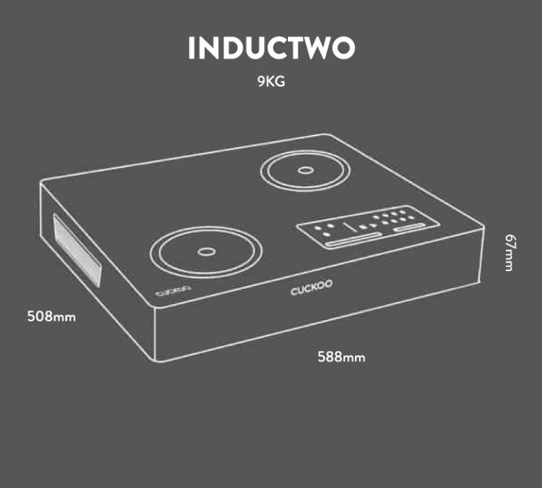 CUCKOO INDUCTWO dimensions — 588mm x 508mm x 67mm, 9kg