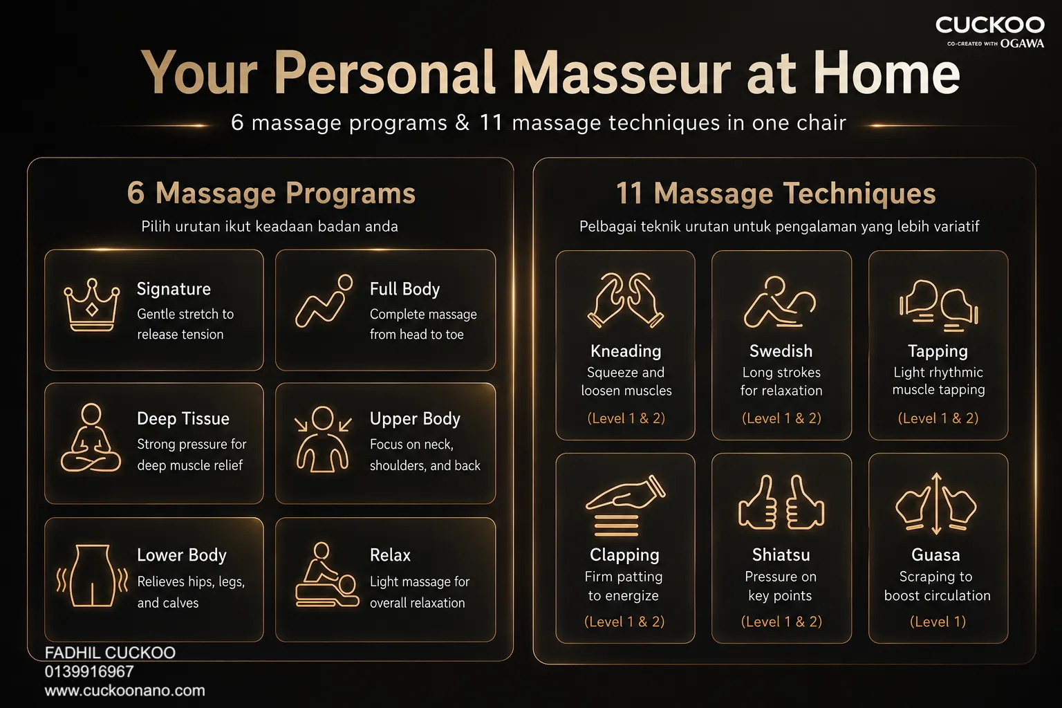 6 massage programs on the CUCKOO BESPOKE 2 Massage Chair