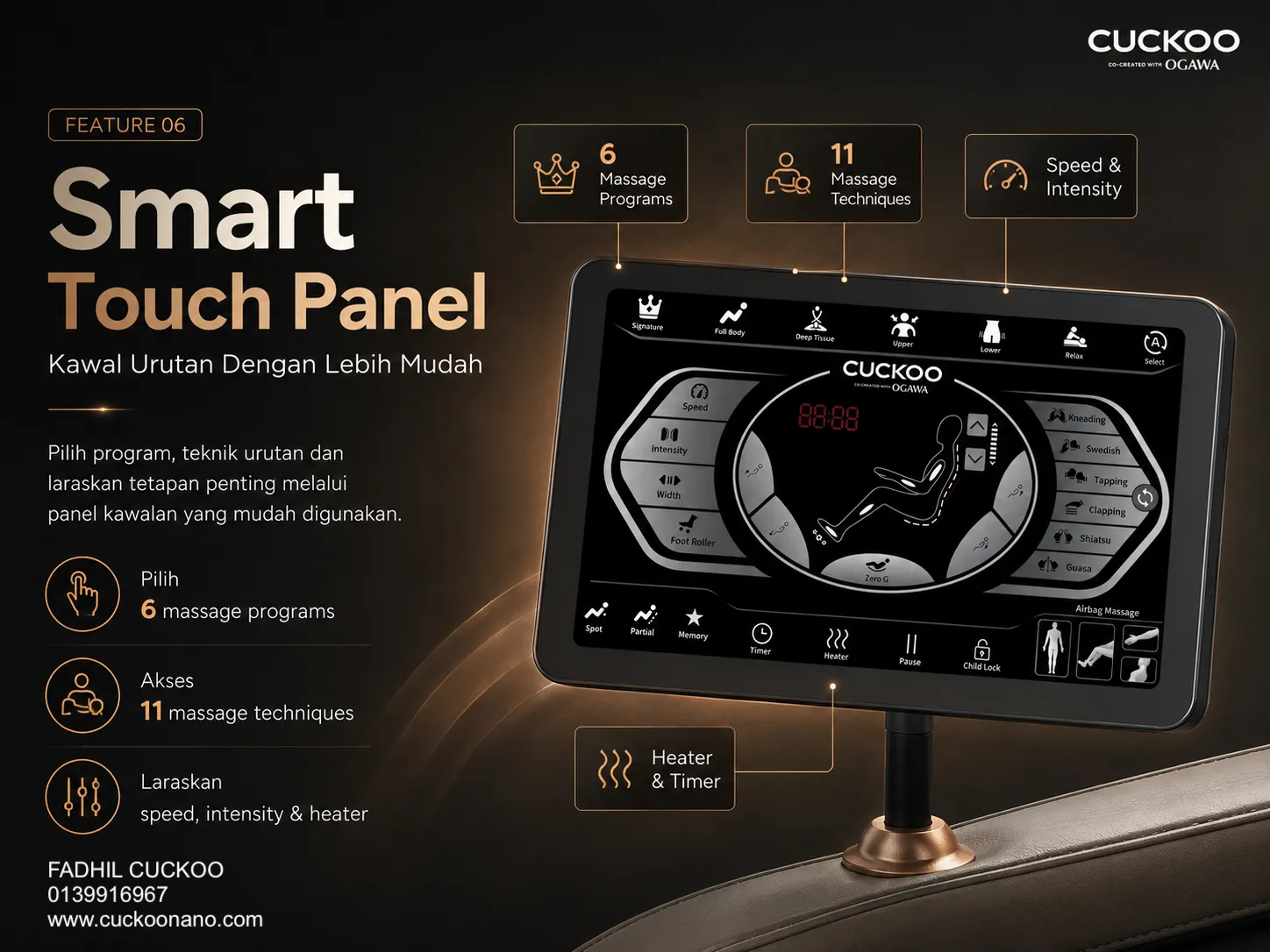 Smart touch panel on the CUCKOO BESPOKE 2 Massage Chair