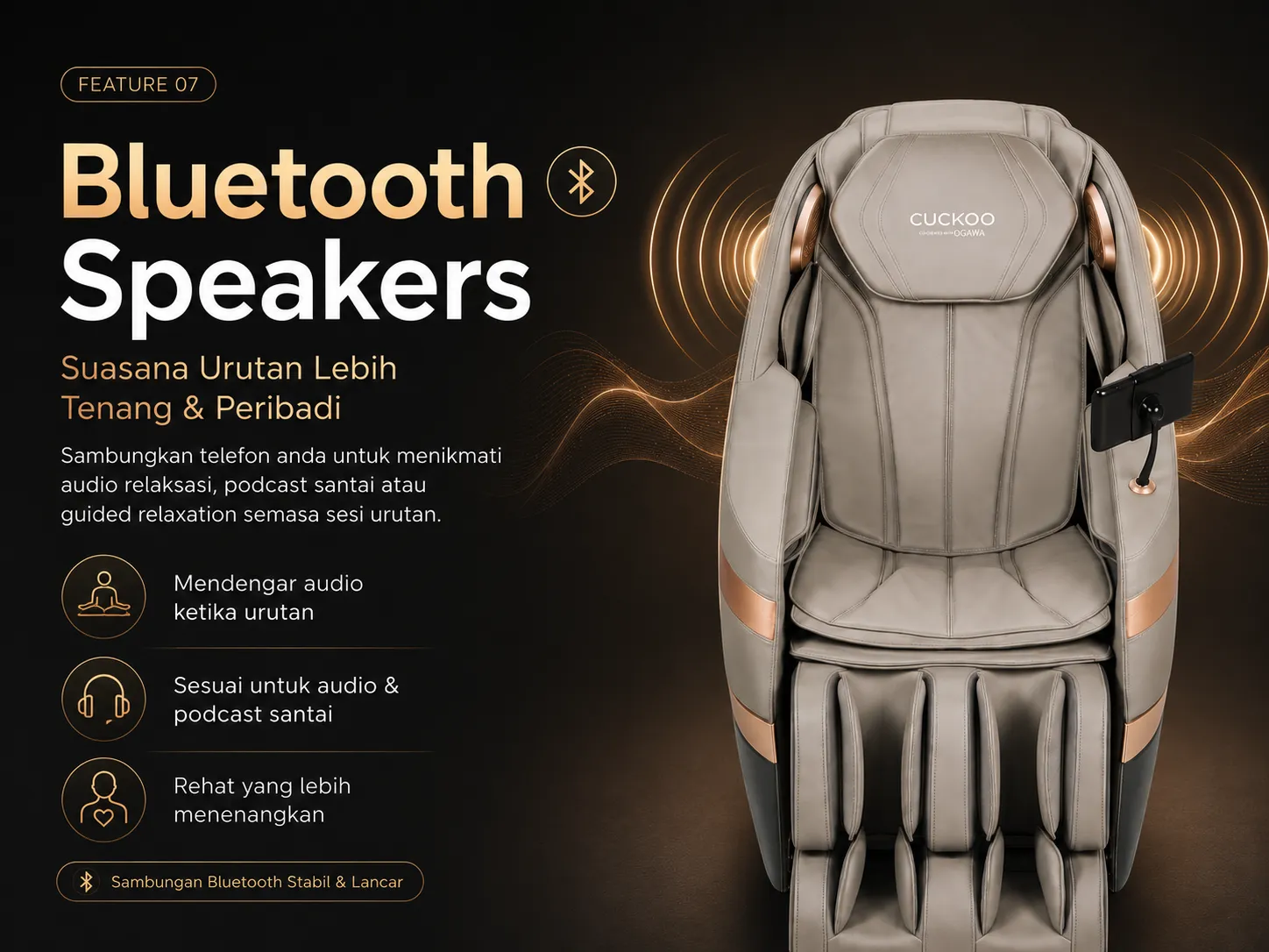 Bluetooth speaker on the CUCKOO BESPOKE 2 Massage Chair