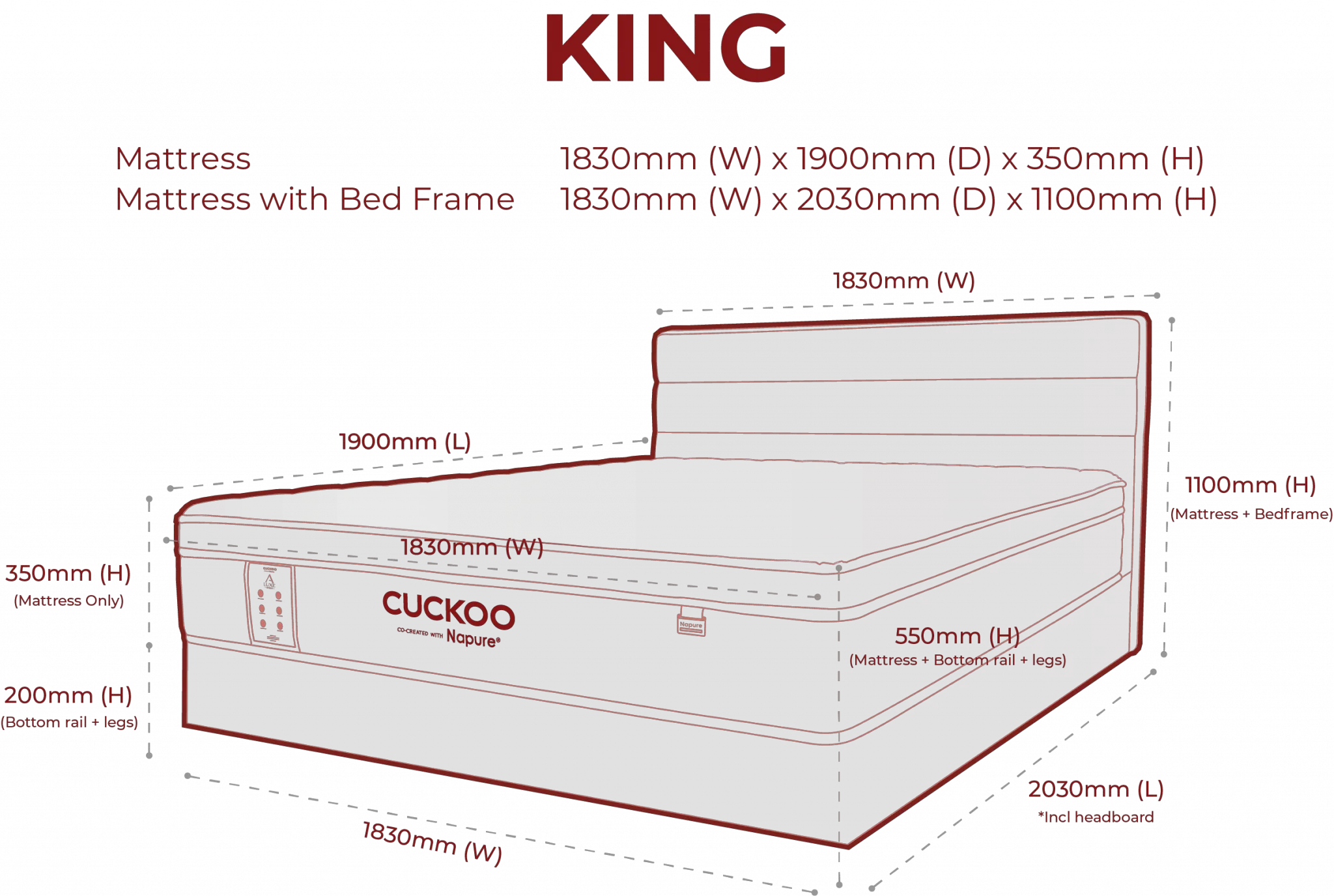 CUCKOO A Luxe Mattress dimensions — King size