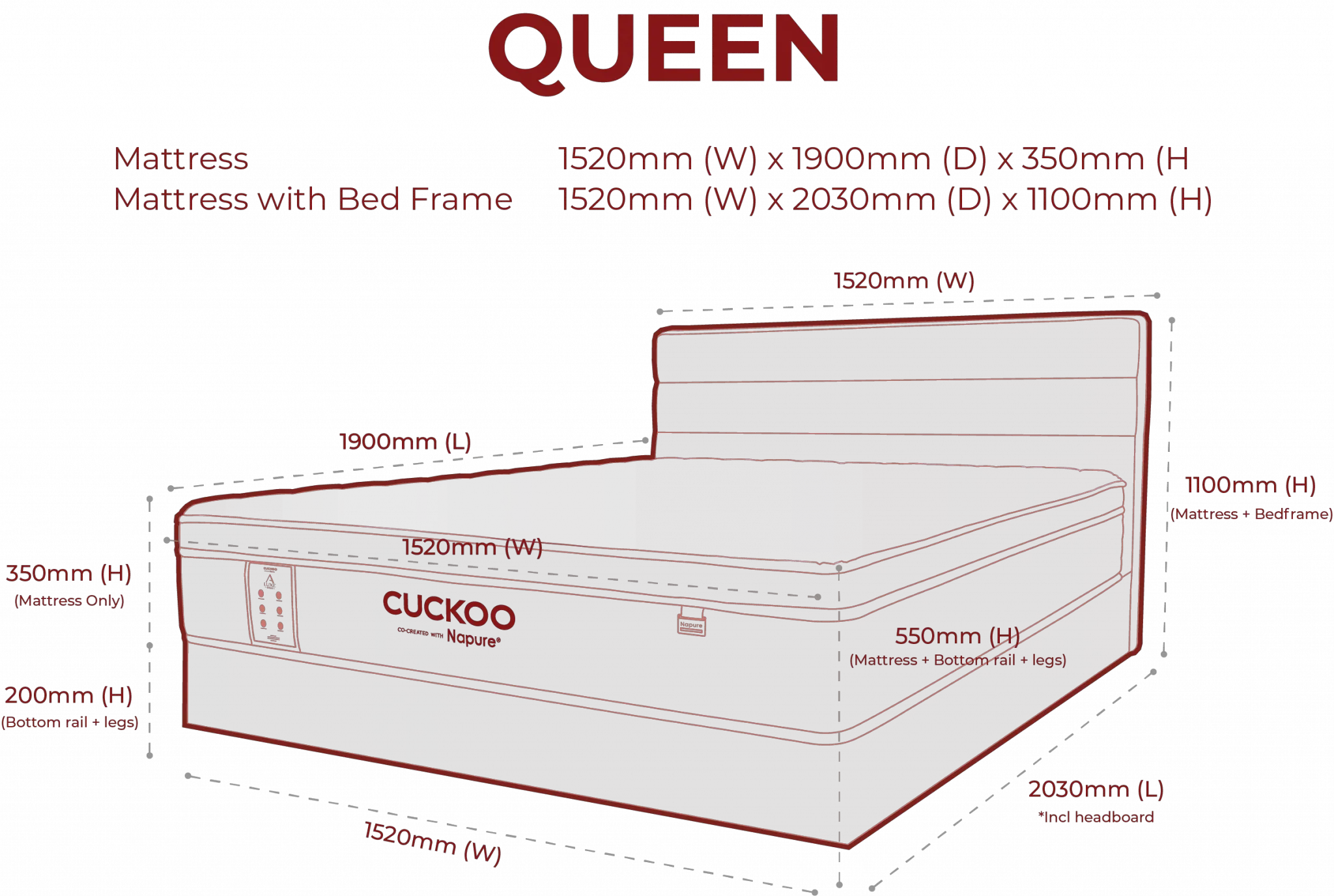 CUCKOO A Luxe Mattress dimensions — Queen size