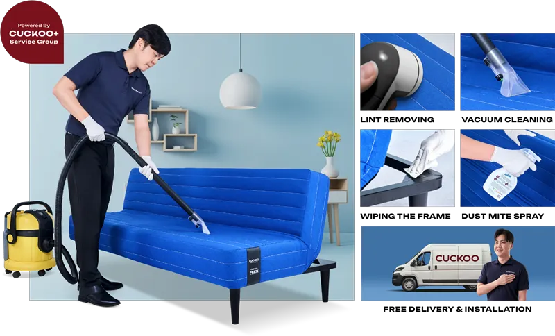 Servis CUCKOO+ untuk FLEX Daybed: lint removing, vacuum cleaning, wiping the frame, dust mite spray dan free delivery & installation