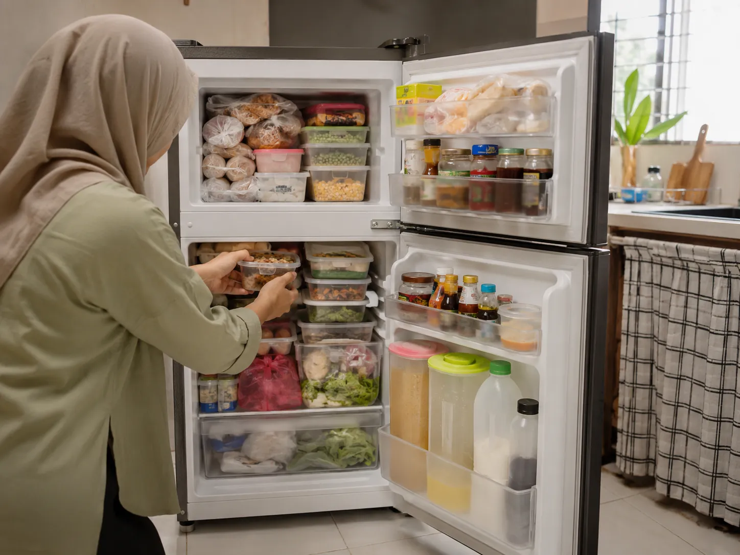 A small fridge crowded with weekly kitchen stock