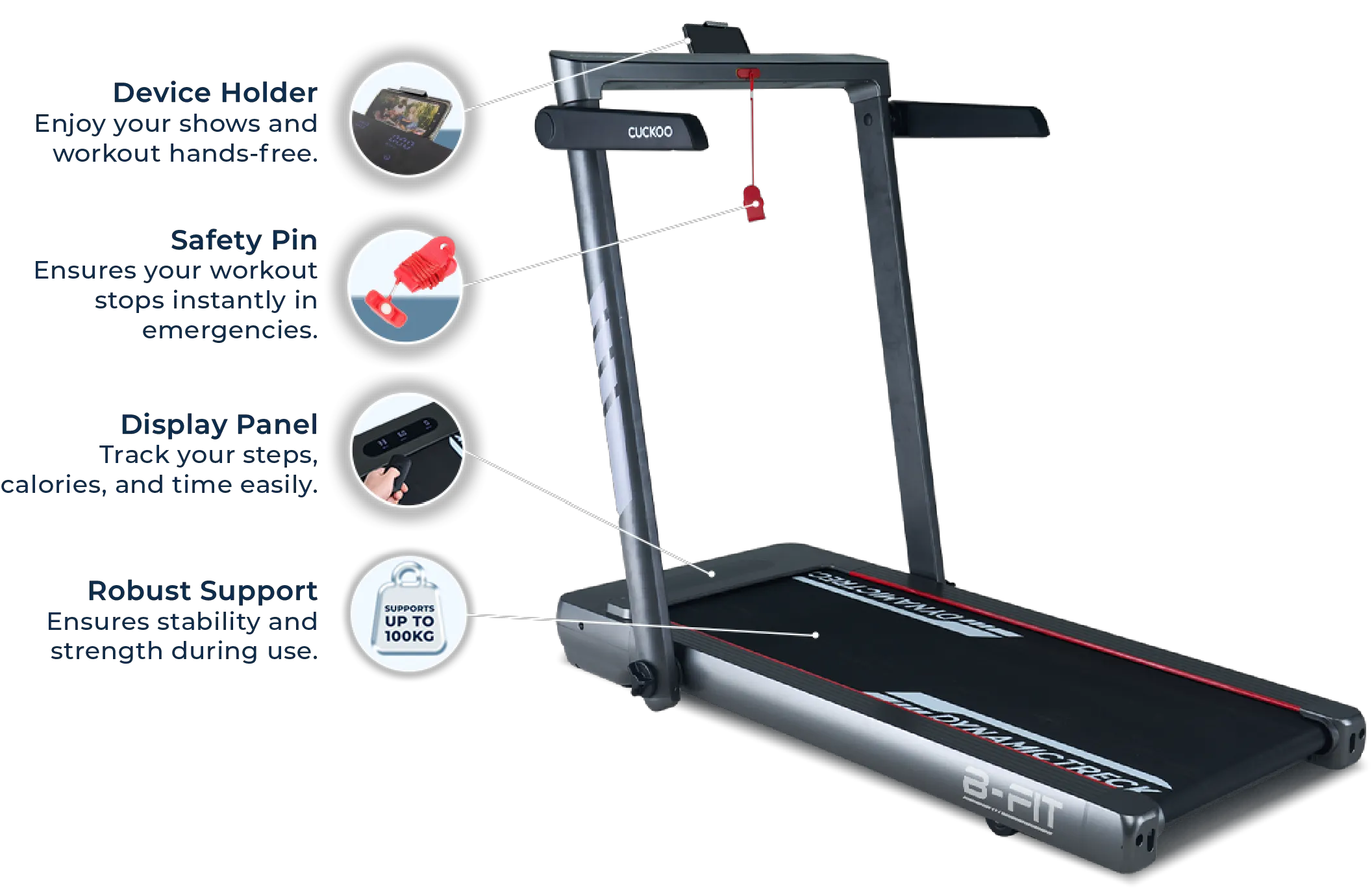Additional features of CUCKOO B-Fit Treadmill — Device Holder, Safety Pin, Display Panel and Robust Support up to 100kg