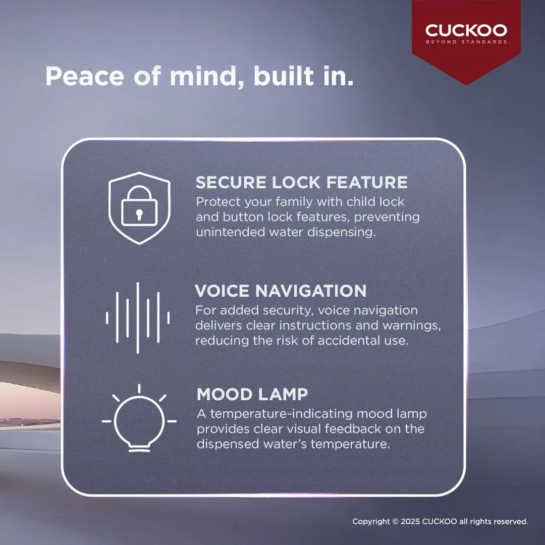 CUCKOO ACE safety features — secure lock, voice navigation, mood lamp