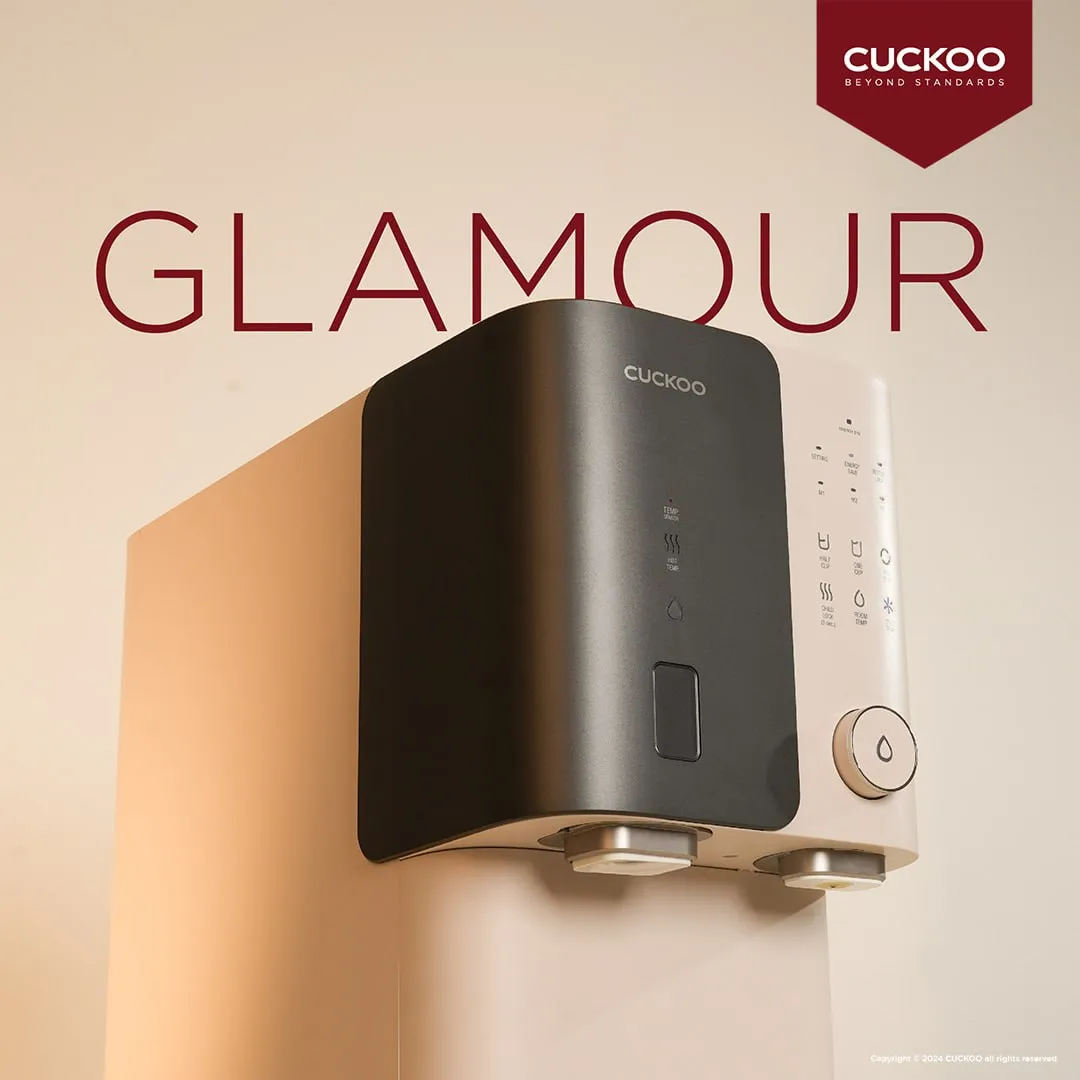 Gambar CUCKOO Glamour water purifier 16 dengan rekaan matte black dan champagne pink