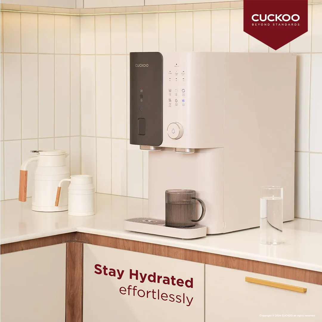 Gambar CUCKOO Glamour water purifier 18 dengan rekaan matte black dan champagne pink
