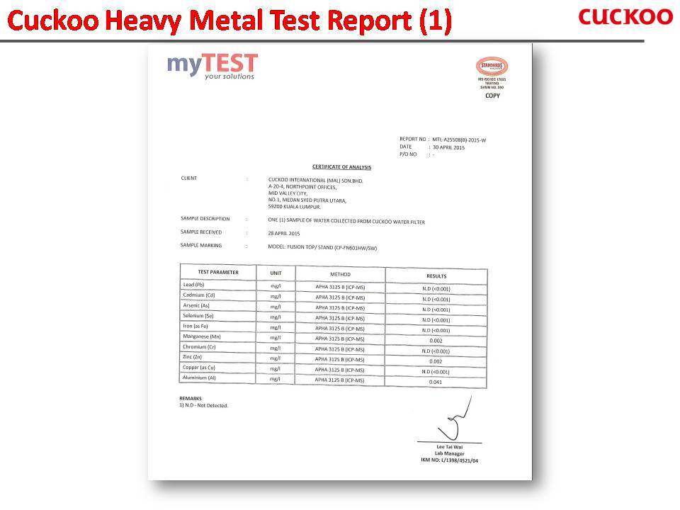 Sijil Ujikaji Bebas Logam Penapis Cuckoo Heavy Metal Test Cuckoo Malaysia Whatsapp Fadhil 0139916967