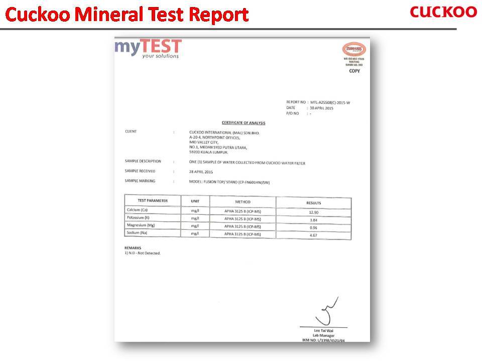 Sijil Ujikaji Kandungan Mineral Air Penapis Cuckoo Mineral Level Test Cuckoo Malaysia Whatsapp Fadhil 0139916967