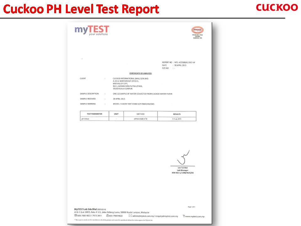 Sijil Ujikaji Kandungan Mineral Air Penapis Cuckoo Mineral Level Test Cuckoo Malaysia Whatsapp Fadhil 0139916967