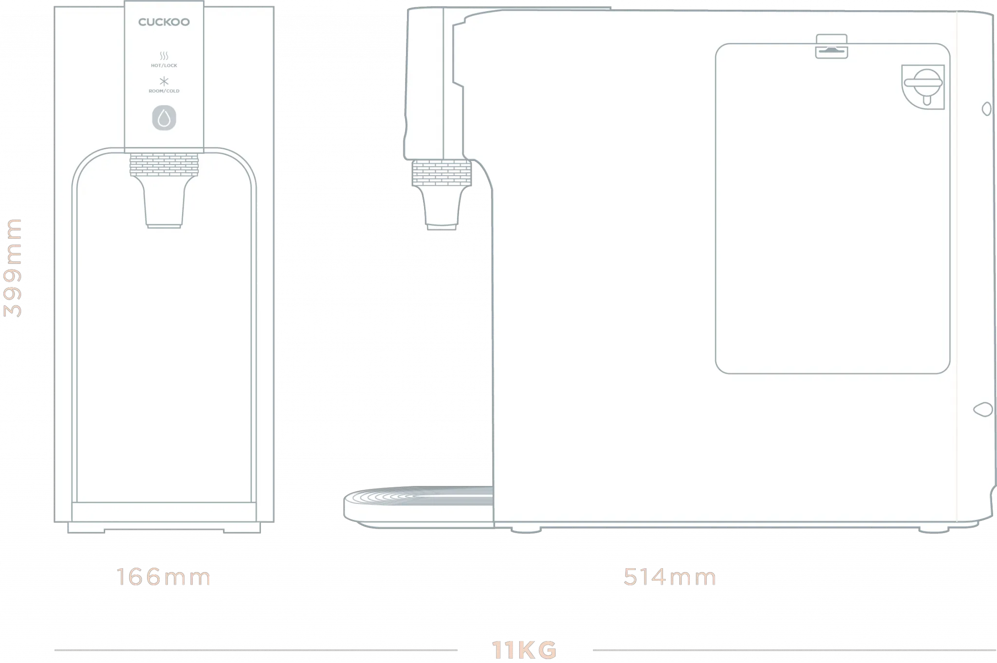 CUCKOO Titan dimension diagram — 166mm width, 399mm height, 514mm depth, 11kg
