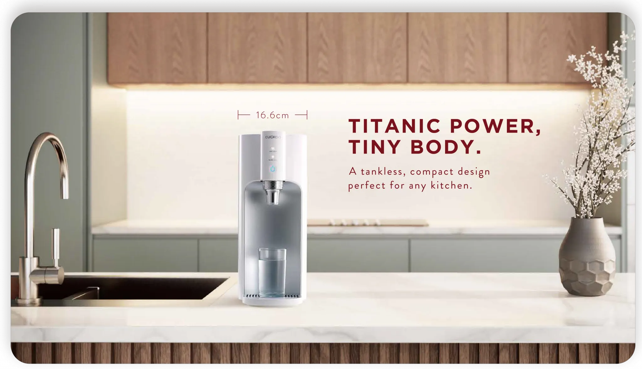 CUCKOO Titan tankless compact design 16.6cm on a modern kitchen countertop