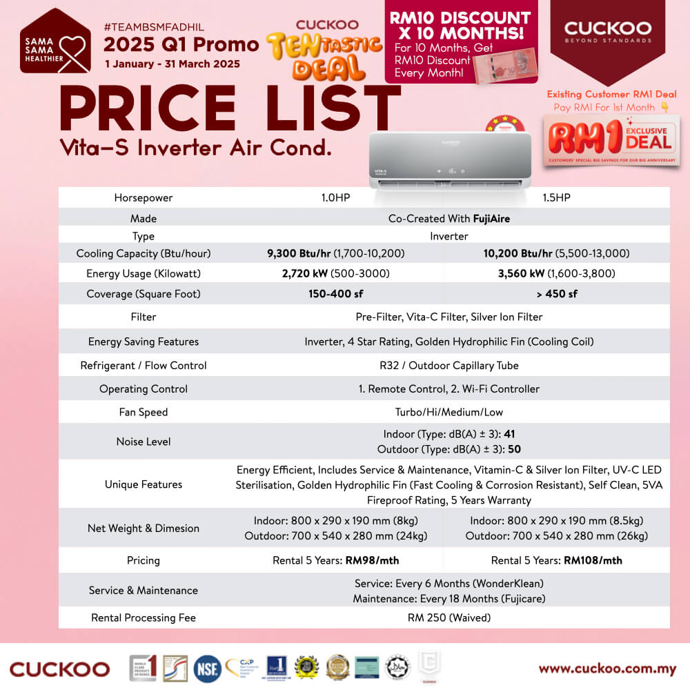 promosi cuckoo 2025 aircond Vita S cuckoo fujiaire inverter 1.0hp RM98 1.5hp RM108 promotion offer agent 1