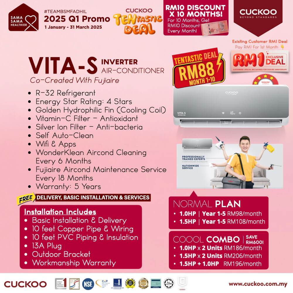 promosi cuckoo 2025 aircond Vita S cuckoo fujiaire inverter 1.0hp RM98 1.5hp RM108 promotion offer agent