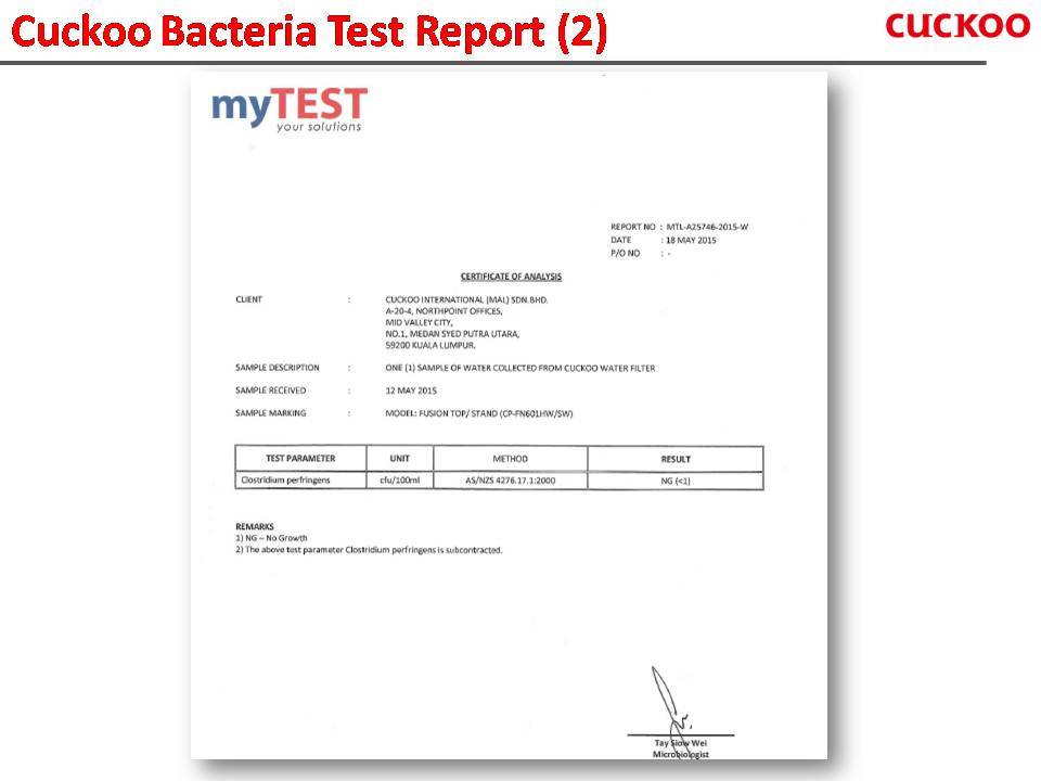 Sijil Ujikaji Kandungan Bakteria Air Penapis Cuckoo Bakteria Level Test Cuckoo Malaysia Whatsapp Fadhil 0139916967