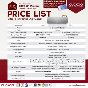 promosi cuckoo 2023 aircond Vita S cuckoo fujiaire inverter 1.0hp RM98 1.5hp RM108 promotion offer agent 1