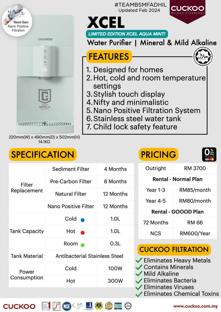 poster A4 spesifikasi penapis air cuckoo water purifier promotion agent ejen cuckoo xcel green hijau